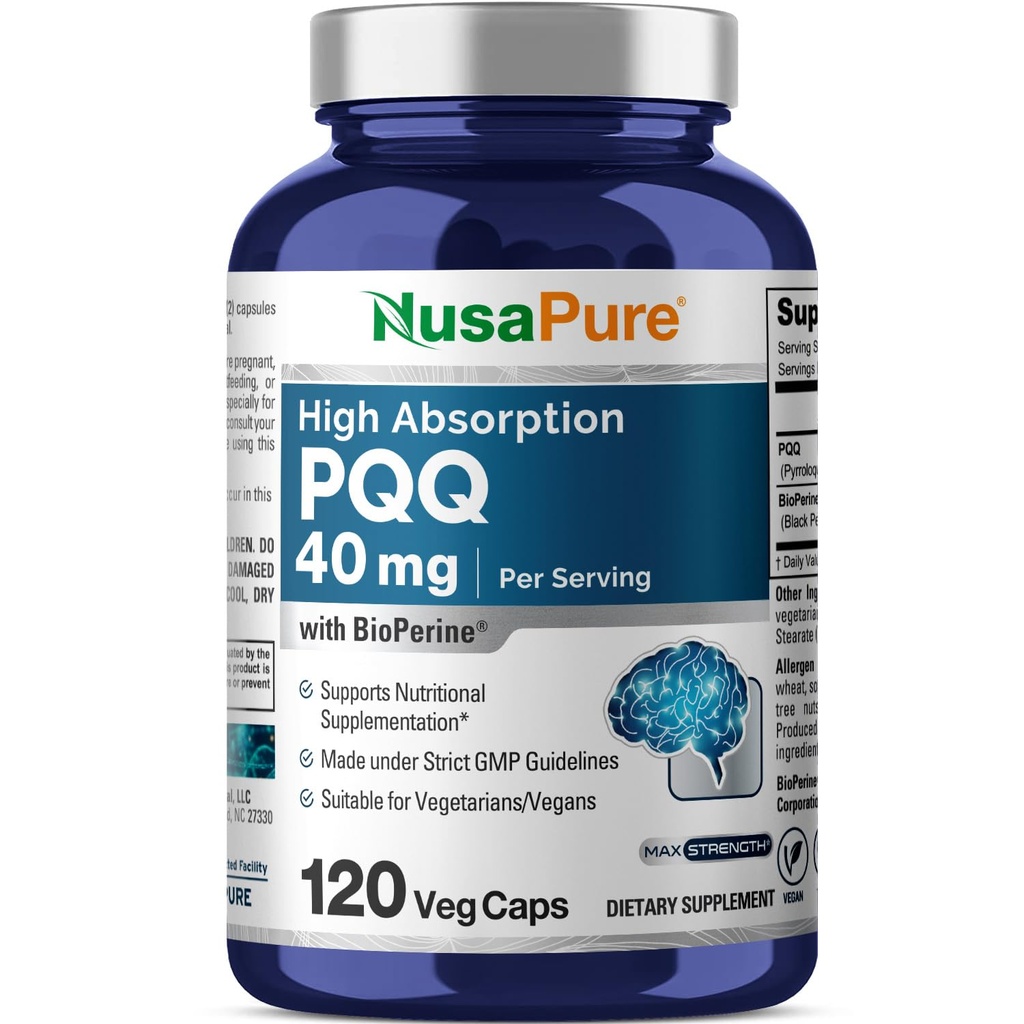 NusaPure PQQ Supplement 40 mg, 120 Veggie kapsler, non- GMO, Pyrroloquinolin Quinone Dinatriumsalt, Bioperin