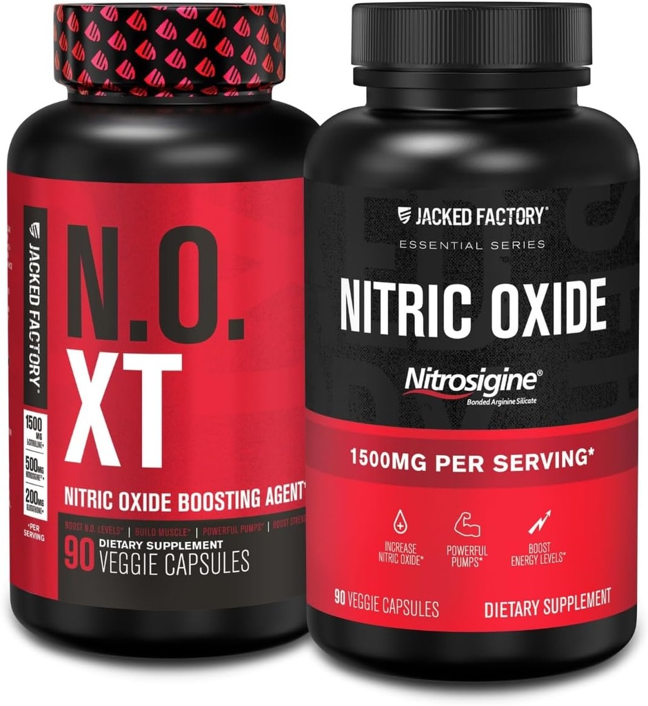 Jacked Factory N.O. XT nitrogenoxid tillæg (90 kapsler) & nitrosigine L- arginin nitrogenoxid booster (90 kapsler) for muskelvækst, pumper, vaskularitet og energi
