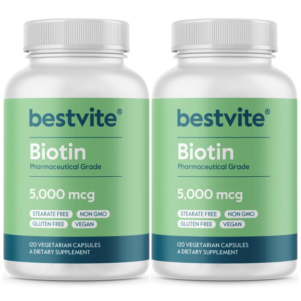 BESTVITE Biotin 5000mcg (240 Vegetariske Kapsler) (120 x 2) - Ingen Stearates - Ingen Flow Agents - Vegan - Ikke GMO - Gluten Free - Hår, hud, negle