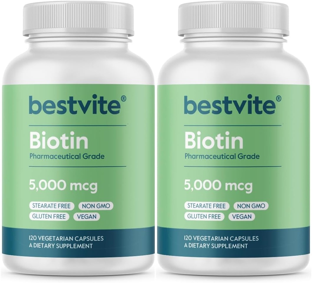 BESTVITE Biotin 5000mcg (240 Vegetariske Kapsler) (120 x 2) - Ingen Stearates - Ingen Flow Agents - Vegan - Ikke GMO - Gluten Free - Hår, hud, negle