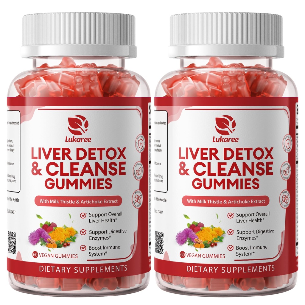 2 Pack Lukaree Lever Cleanse Detox & Repair Gummies Shumped 124; Sugar- Free Milk Thistle Supplement w / Artichok & L- Glutathione - Ultra-Koncentreret Herbal Leverstøtte til mænd og kvinder -Vegan, 60 Greve