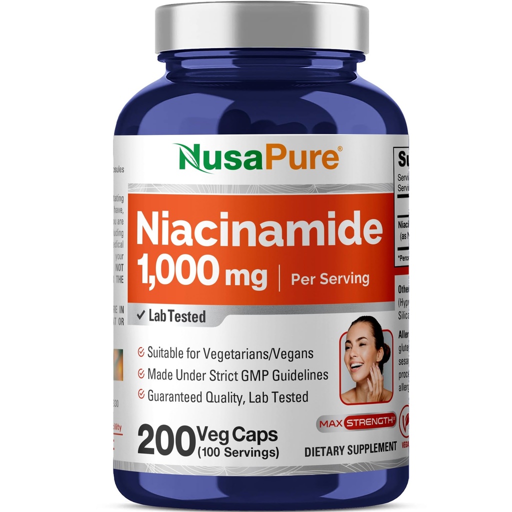 NusaPure Niacinamid 1000mg 200 Veggie kapsler (ikke- GMO, Vegan) Flush Free