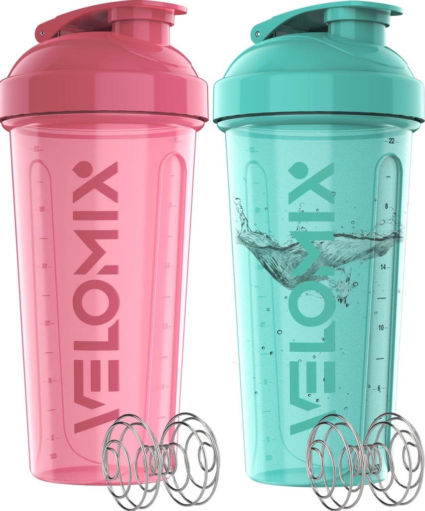 VELOMIX -2 Pack- 28 oz Protein Shaker Flasker til Protein Mixes - 2x Wire Whisk - 124; Læbe Bevis Shaker Cups til Protein Shakes - 124; Protein Shaker Flaske Pack (Pink / Turquise)