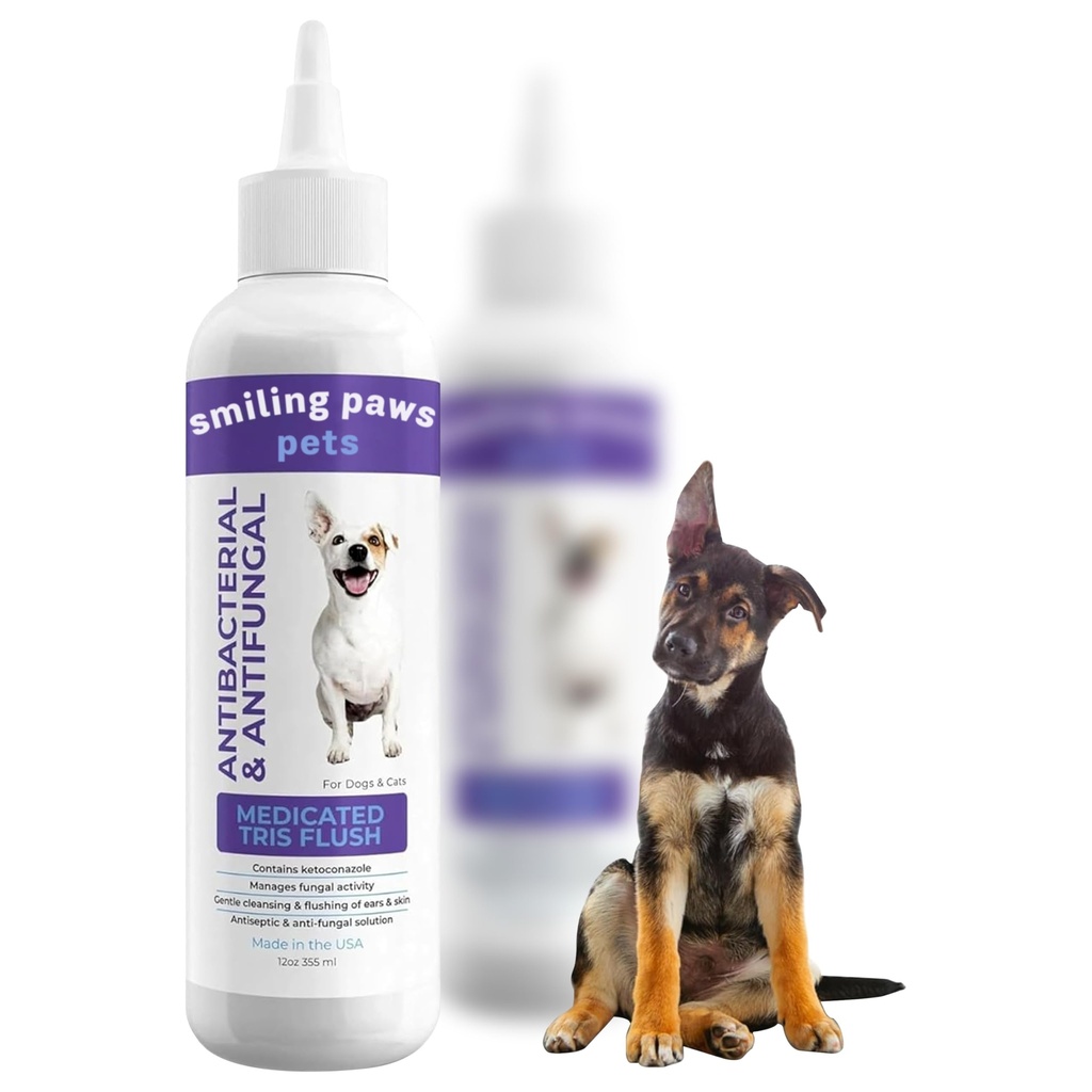 Smiling Paws Kæledyr Medicin Tris Flush Hundeøre Renere Opløsning og infektion Behandling for hunde og katte Øre Flush til hunde Øre Renere til hunde & katte - Kat & Hundeøre Vaske Indeholder Ketoconazol 12oz
