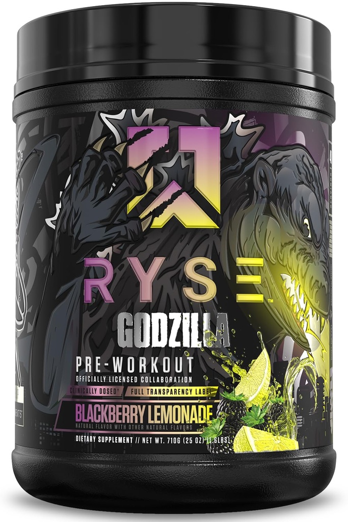 RYSE Godzilla X Noel Deyzel Pre Workout Powder - BlackBerry Lemonade - 400mg Koffein, High Stim Pre- Workout for mænd og kvinder med Citrullin & Beta Alanine - Energi, Pump & Focus - 20 / 40 Servering