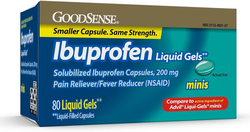 GoodSense Ibuprofen Mini Liquid- Gels, 200 mg, Liquid- Filled Capsules, Pain Reliever og Fever Reducer, 80 Greve