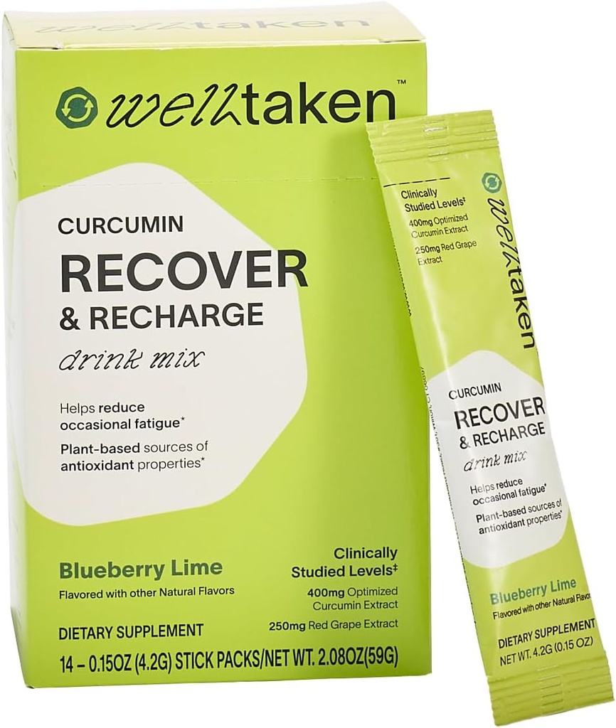 Gurkemeje Curcumin Recover Powder - Blåbær Lime, 14ct Box - 400mg Optimeret Curcumin, Pomegranat, Rød Grape - Hjælper reducere lejlighedsvis træthed - Vegan, 14 Servere