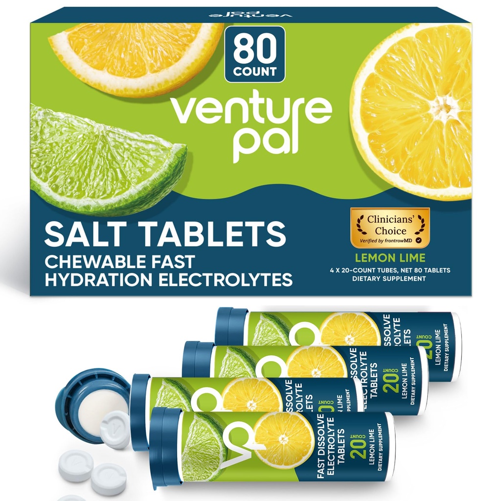 Venture Pal Chewable Electrolyte Tablets, 80 Grev Fast- Opløs sukkerfri stick salt tablets - Variety Pack til hurtig hydrering, Udendørs løb, vandreture, Sports Buddy 124; Keto & Vegan Friendly