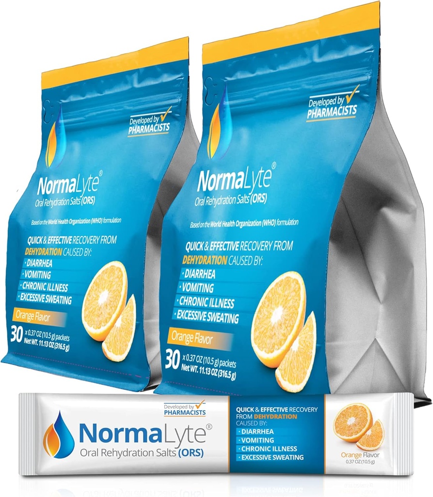 NormaLyte Oral Rehydration Salts-2 Pouches - 60 sticks (Yields 500ml per pakke) -Orange - 124; Energitilskud, Kaliumtilskud, Dehydrering Inddrivelse og hurtig absorption