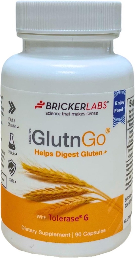 Bricker Labs GlutnGo med Tolerase G 100mg fordøjelsestilskud for Gluten Intolerance, Klinisk bevist til at hjælpe Digest Gluten, Hurtig, effektiv og sikker fordøjelseshjælp, 90 kapsler