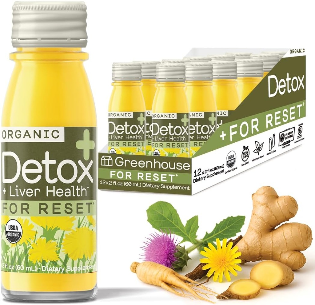 Greenhouse Juice Detox Wellness Skud Organisk Immunitet Skud Juice Lever sundhed Wellness + anti-inflation med Ginseng, Mælk tidsel, og Mælkebøtte Vegan & Gluten- Free (2 Oz, Pack af 12)