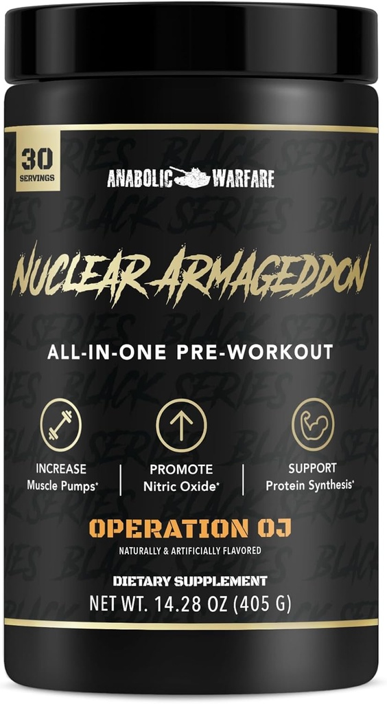 Anabolske krigsførelse Nukleare Armageddon Pre Workout Powder Pre- Workout for Mænd & Kvinder med L- Citrullin, Beta Alanine Powder og Koffein (Orange Juice - 30 Servering)