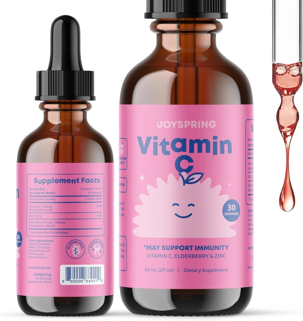 JoySpring Vitamin C + Elderberry Drops + Zink til børn immunforsvar, Genius Drops til fokus, og D-vitamin til børn