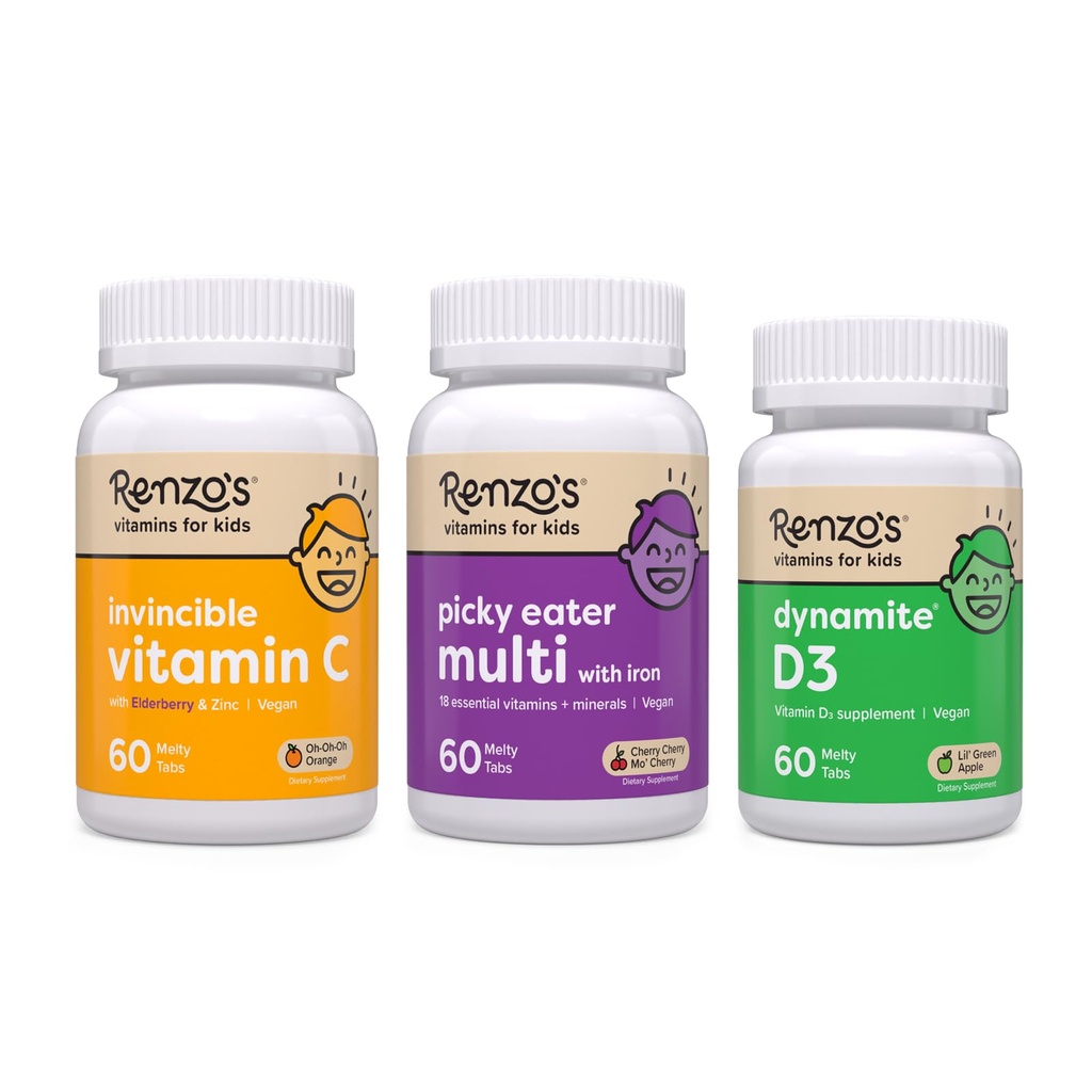 Renzo 's Vitaminer Immunity Builder Bundle - C-vitamin med Elderberry & Zink til immunforsvar, Picky Eater Kids Multivitamin, og D3-vitamin