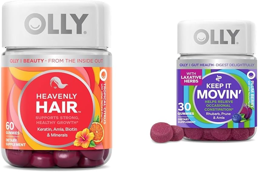 OLLY Hår gummier med Keratin & Biotin og Forstoppelse Relief gummier med Rabarber & Prunes - 60 + 30 Tæl