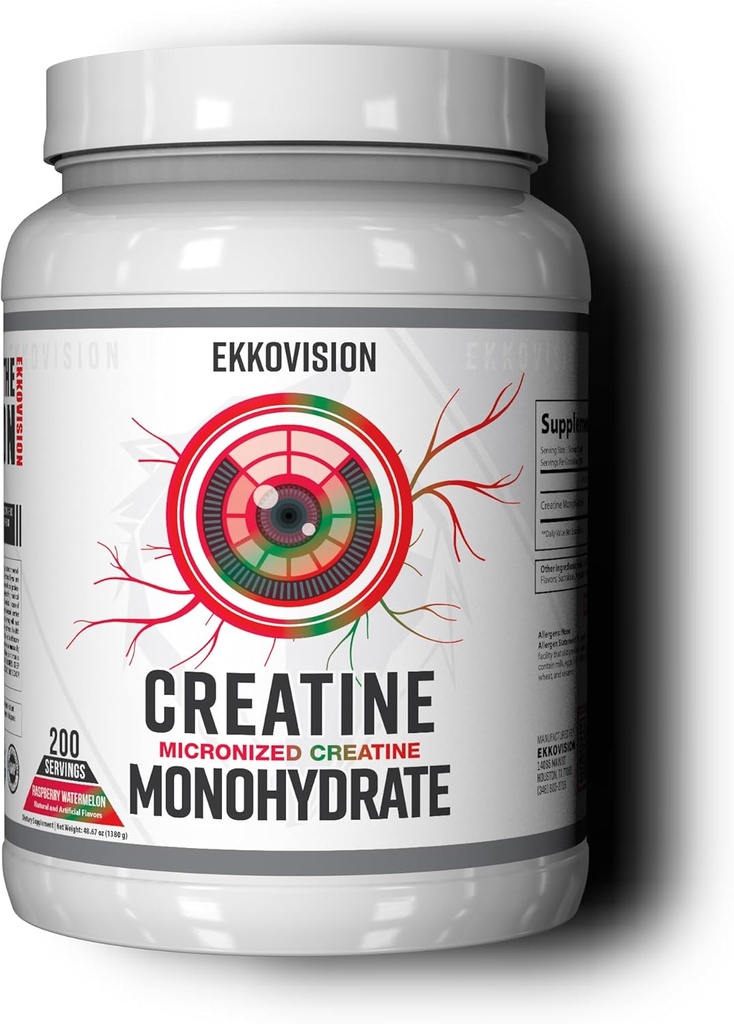 Ekkovision Creatin monohydrat pulver, mikroniseret, Raspberry Watermelon, Pre & Post Workout supplement til mænd og kvinder, energistøtte, Let at blande i shakes, smoothies & drikkevarer, 200 Servere