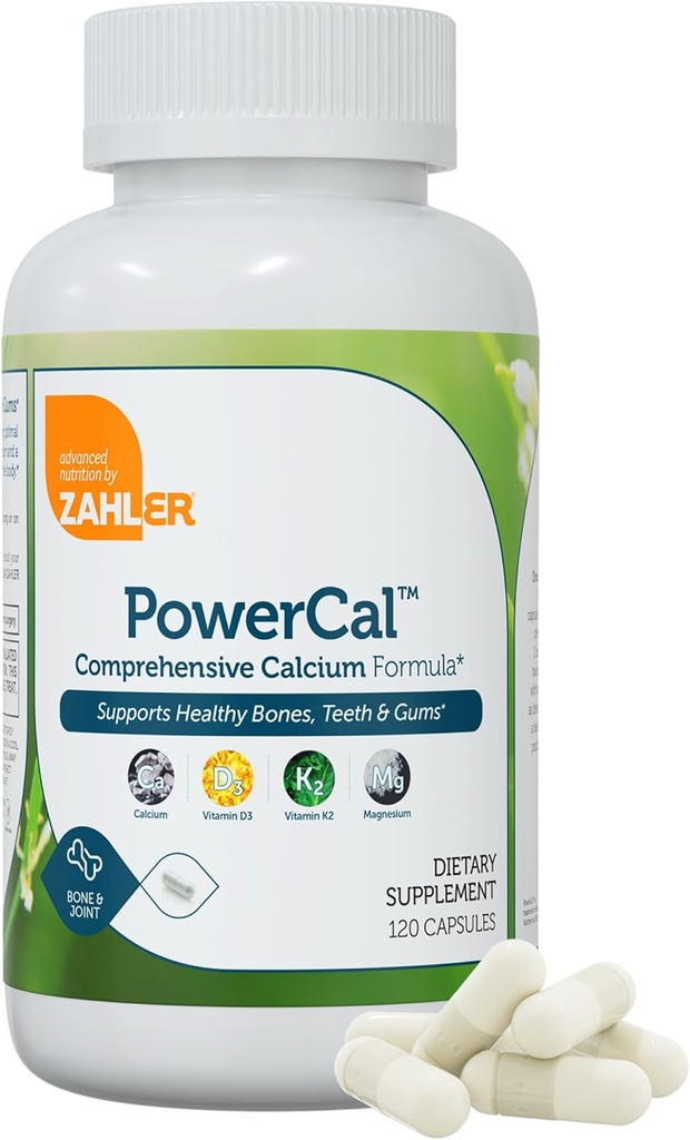 Zahler PowerCal - Calcium D3 K2 Magnesiumtilskud - Tænder, Gums & Bone Strength Support - Kosher Bone Health Calcium supplement til kvinder og mænd med vitamin D3 K2 og Magnesium (120 kapsler)
