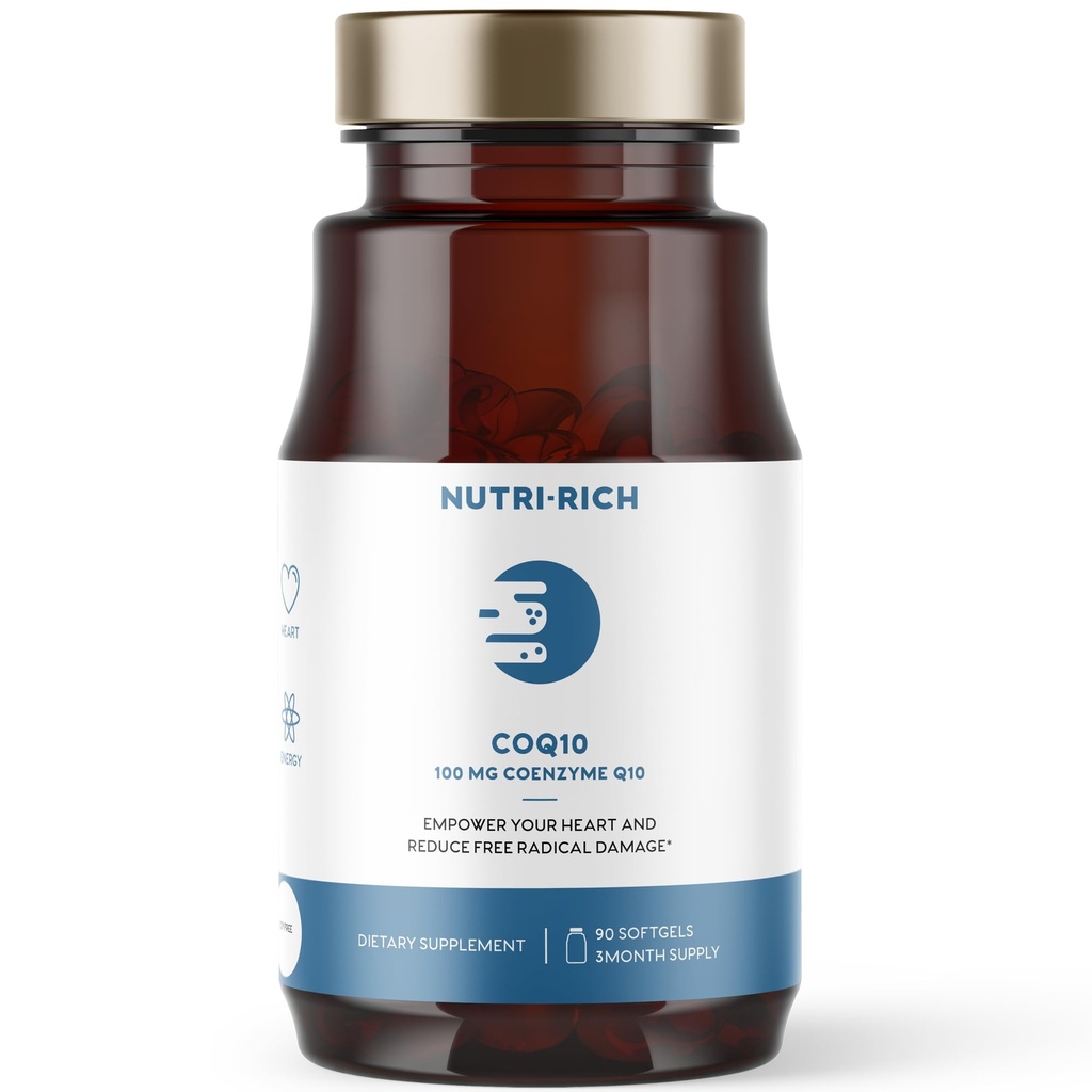 Nutri- Rich CoQ10 Softgels, Coenzym Q10 Ubiquinone for Heart & Energy, Statin Usage & Cellular Health, Tredjeparts testet, GMP kvalitet, Ingen kunstige tilsætningsstoffer, Ingen soja, Gluten Free, 90 Greve