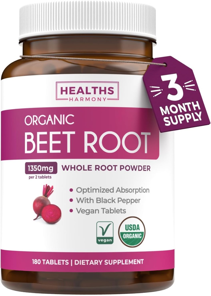 Organic Beet Root Powder Tablets - Extra Strength Beet Supplement med Black Pepper Extract for Enhanced Absorption to Support Heart Health Nitric Oxide Production & Atletic Performance (3 Måneder)