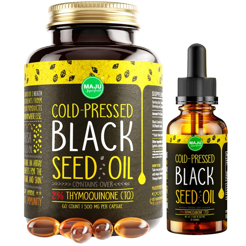 Maju Superfoods Black Seed Oil 2 oz og Black Seed Oil Capsules Bundle
