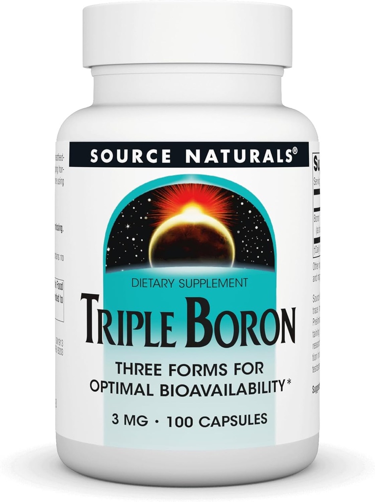 Source Naturals, Triple Boron, Three Forms for Optimal Bioutilibilty *, Indeholder 3 Forms of The Trace Mineral Boron - Citrate, Aspartat og Glycinate, 3 mg - 100 Kapsler