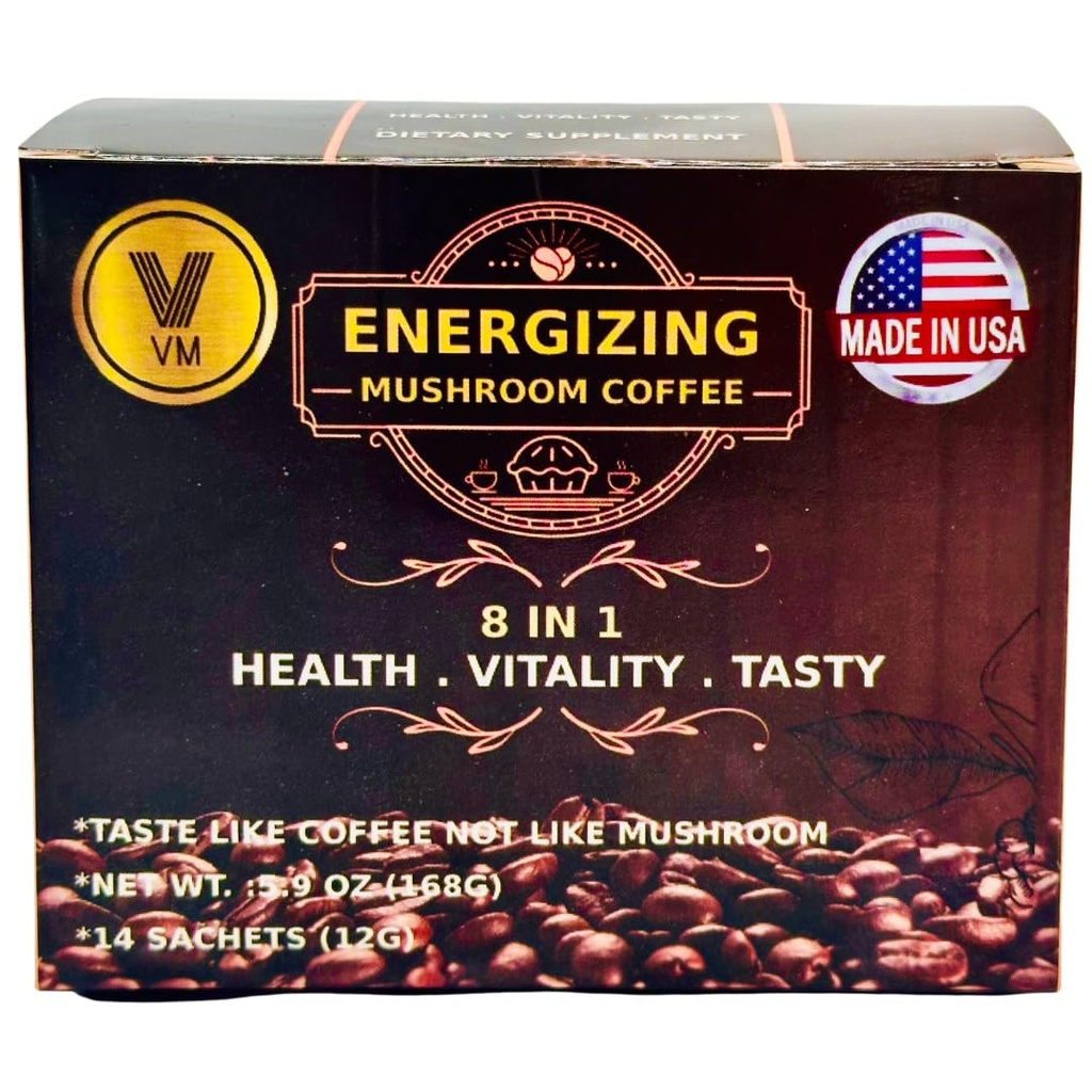 VM Energizing Mushroom Coffee-Reishi med Ginseng & Carbo Mix- Instant kaffe. Naturlig Ganoderma med Instant Cafe.Dietary supplement .8- in-1 Mushroom kaffe. Bland kaffe organisk klassiker. Fremstillet i USA. (14) S