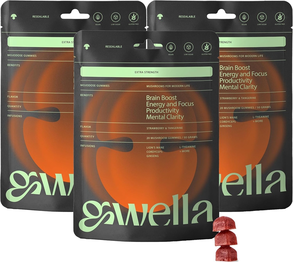 Gwella Focus Gummies med Lions Mane, Panax Ginseng, Ginger Root, Cordyceps, SAM- e og Nootropics, Energy and Focus Supplement, Vegan, Strawberry Tangerine (20 Greve - pakke med 3)