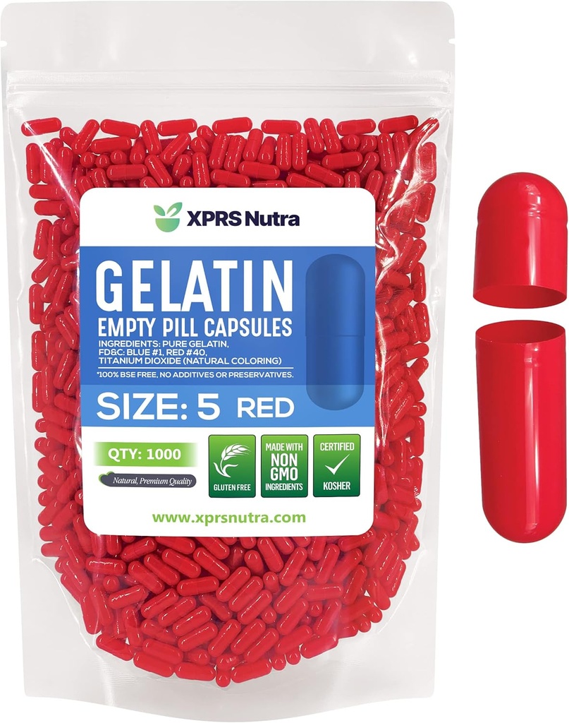 XPRS Nutra Størrelse 5 Tomme kapsler - 1000 Tomme meget små Tomme Gelatine kapsler - Piller selv Kapselfyld - Fyldelige Pille Gel Caps til Do- It- Yourself Vitamin Kosttilskud (rød)