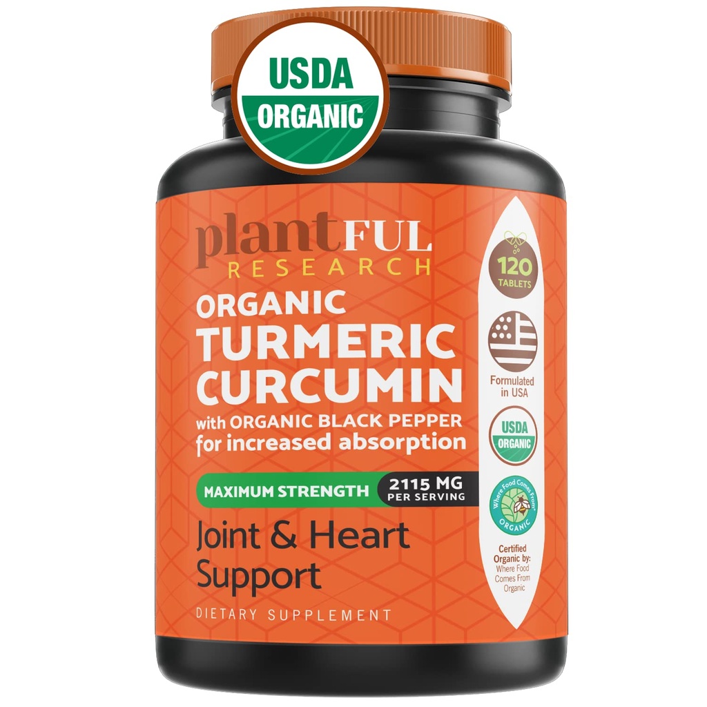 Økologisk gurkemeje tillæg med sort peber Højeste potens USDA Certificeret [Non- GMO Organic Curcumin 2115mg] Antioxidant Joint & Immunsupport 120 tabletter