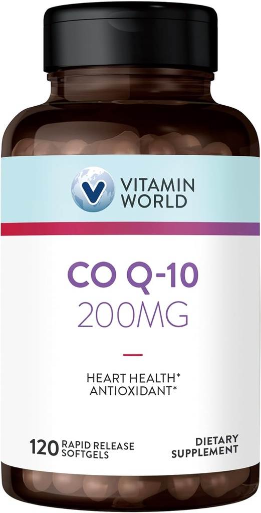 Vitamin World CoQ10 200 mg Softgels, Coenzym Q10 Kosttilskud til antioxidant Support, Heart Health & Energy Production, Gluten Free, 120 Rapid Release Softgels