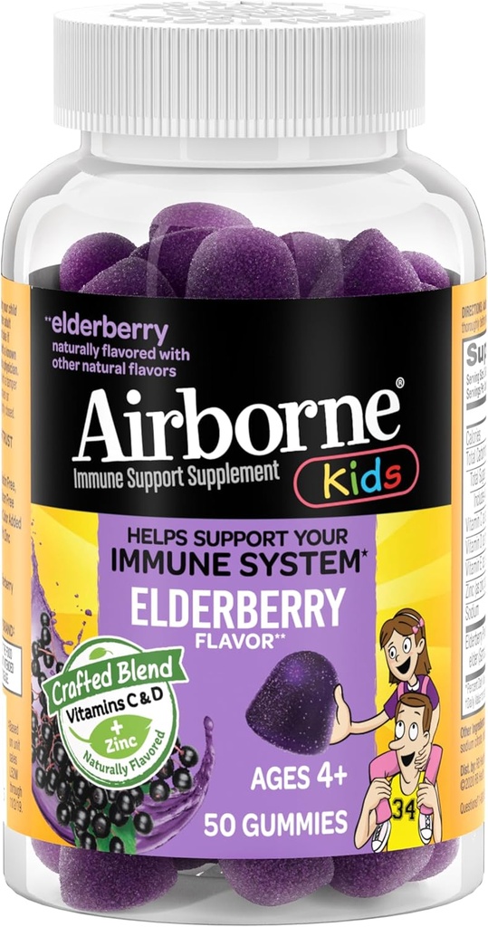 Airborne Kids Elderberry + Zink & C-vitamin Gummies, Kids immunforsvar med kraftfulde antioxidanter VIT D & E - 50 Gummies, Elderberry Flavor