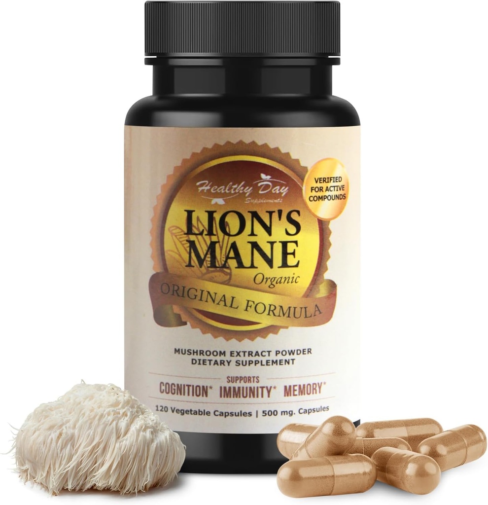 Lions Mane Mushroom Cognition Capsules - 120 Greve Budd124; Organic, Gluten Free, Alpha Brain Supplement for voksne