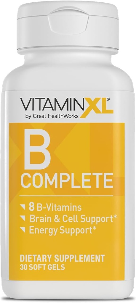VitaminXL B Complete er en fuld Spectrum B Complex Made with B1, B5, B6, B12, Biotin, Niacin, Riboflavin, og Folate, Også med Cholin og inositol (30 Soft Gels, 30 Servere)