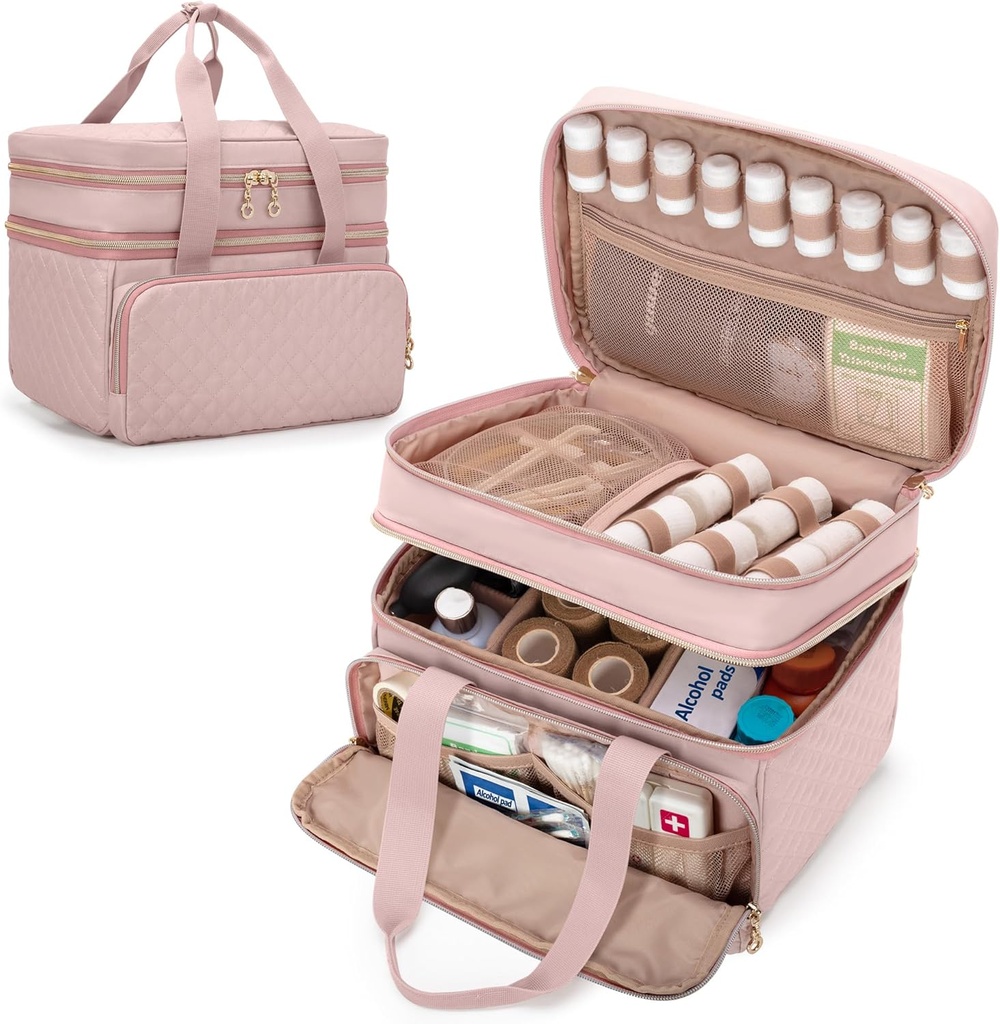 Yarwo Pill flaske Organizer Tom, Double Layer Medicine Travel Storage Bag med 5 brugerdefinerede Dividers og Lockable Zippers til receptpligtig Flasker og Nødhjælp Supplies, Pink