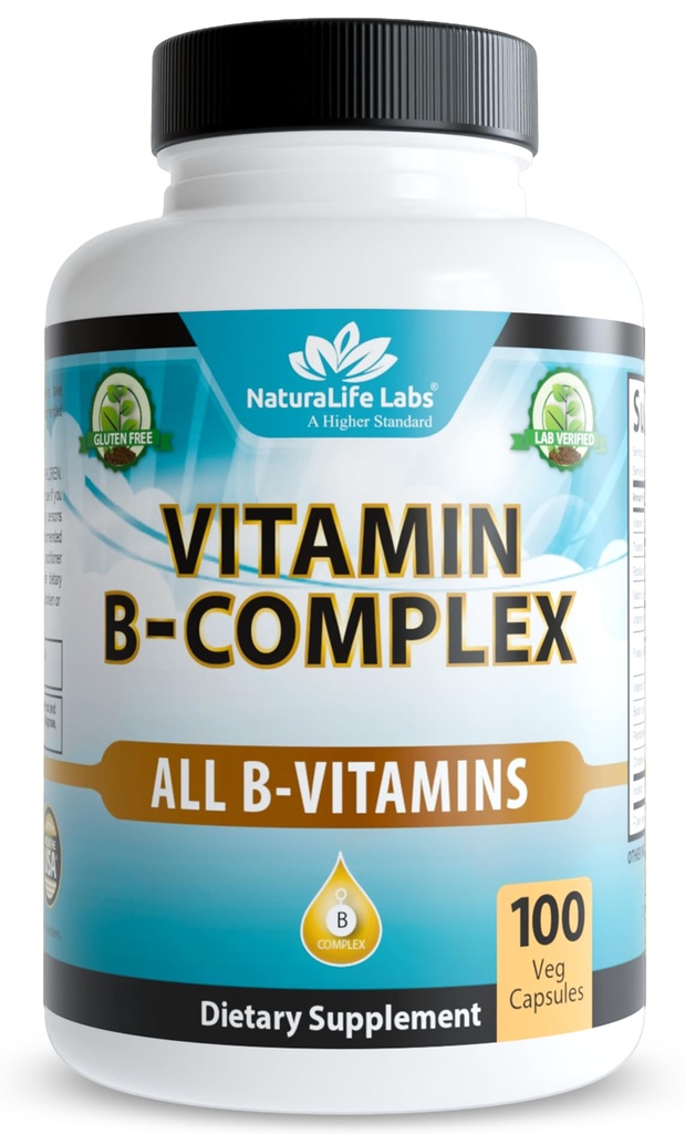 NaturaLife Labs Vitamin B- Kompleks med C-vitamin og folinsyre - Omfatter B1, B2, B3, B5, B6, B7, B9 & B12 - 100 kapsler, Vegan, Non- GMO, Gluten Free
