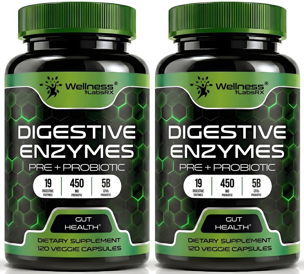 Digitale enzymer med Probiotika og Prebiotika, 450mg, 5 Millioner CFU 'er - Pure Super fordøjelseskapsler - Digitale enzymer til kvinder & mænd støtte fordøjelse & Gut sundhed - 120 Greve (Pack of 2)