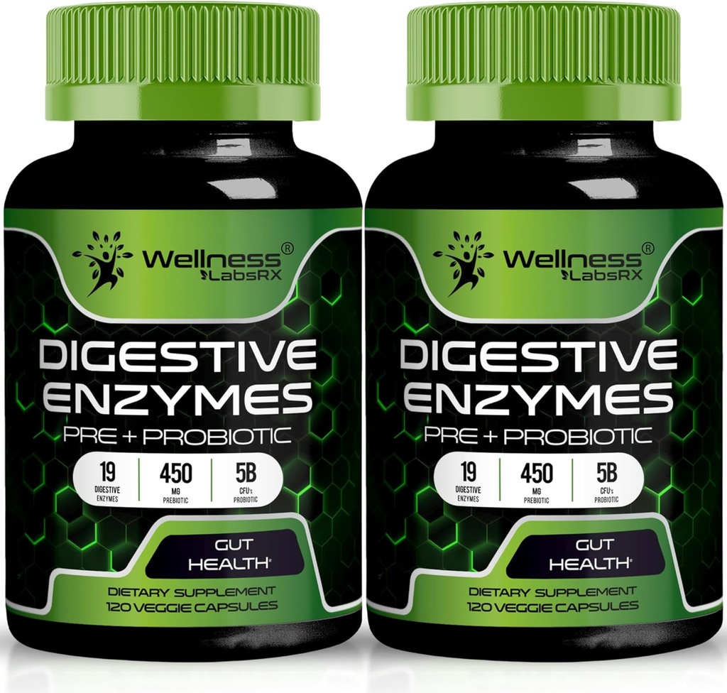 Digitale enzymer med Probiotika og Prebiotika, 450mg, 5 Millioner CFU 'er - Pure Super fordøjelseskapsler - Digitale enzymer til kvinder & mænd støtte fordøjelse & Gut sundhed - 120 Greve (Pack of 2)