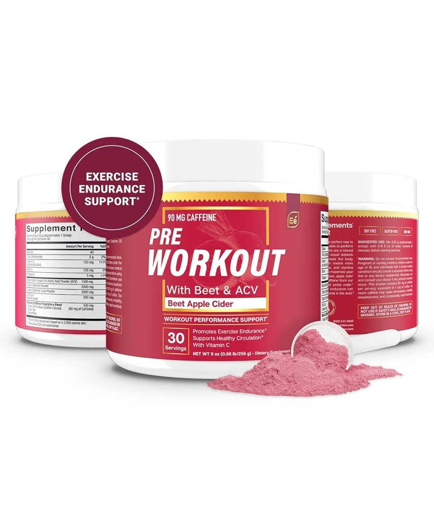 Essentielle elementer PreWorkout pulver med Beet Root & ACV; Superfood Energy Supplement & All- Natural Nitric Oxide Booster Plus koffein 30 Servere