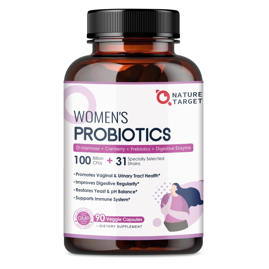 NATUR TARGET Probiotika for kvinder, 100 Millioner CFU 'er Probiotika med fordøjelsesenzymer & Prebiotika, Vaginal Probiotika med tranebær til Urinbehandling Tract Health, pH Balance, 90 Veggie Kapsler