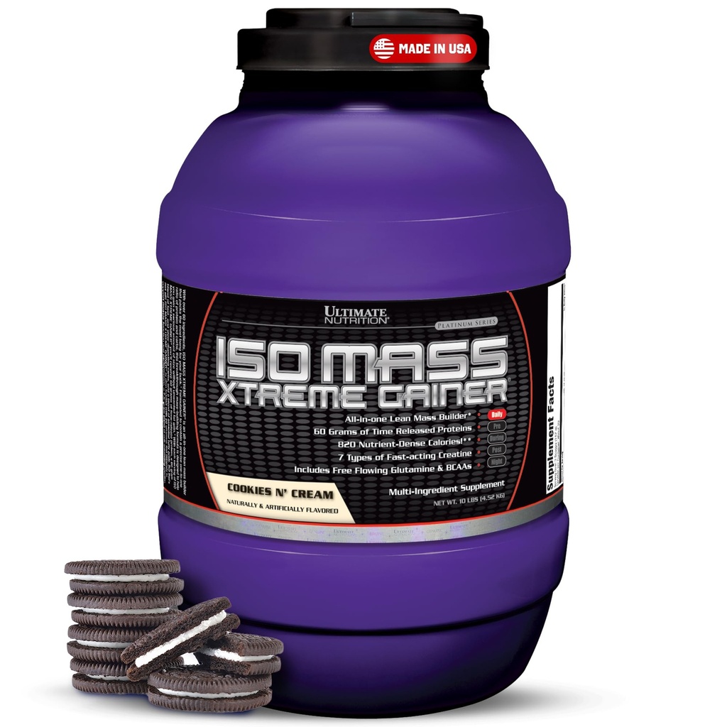 Ultimate Nutrition ISO Mass Xtreme Gainer - High- Calorie Mass Gainer med Creatin & Whey isolere protein pulver til vægtøgning, Lean muskelmasse, Bulk supplement - Cookies N Cream, 10lbs