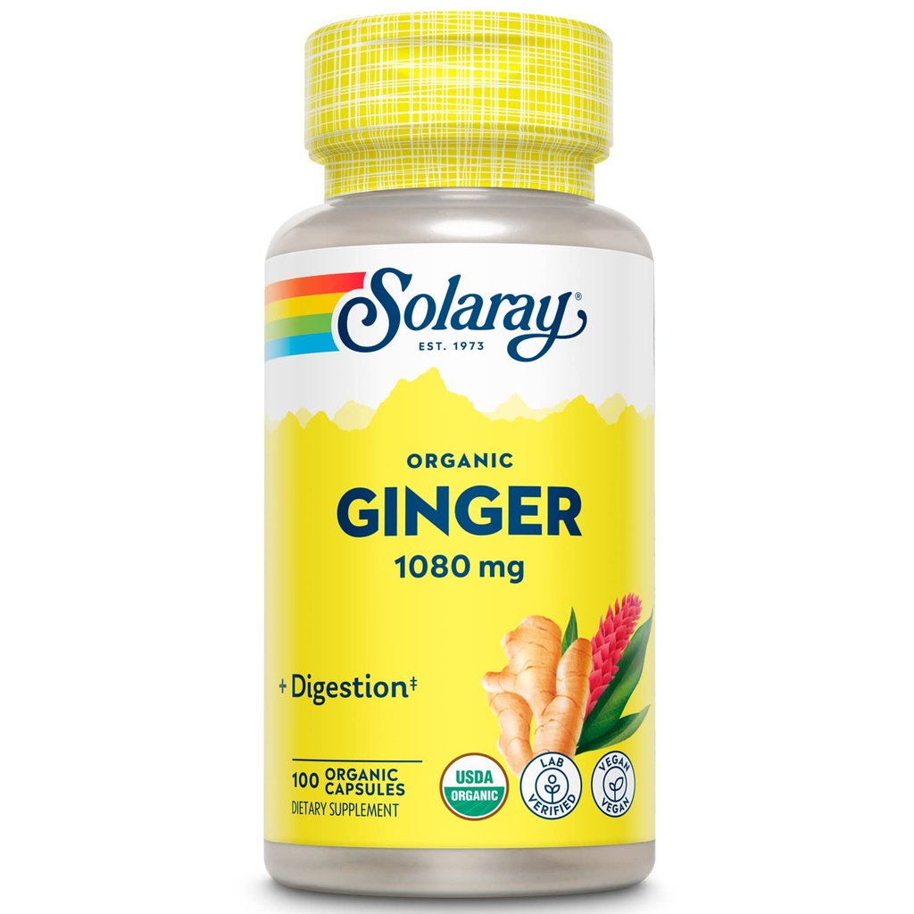 SOLARAY Organic Ingefær 1080 mg - Økologisk Ingefær Kosttilskud - Relieves Kvalme og Opkastning forbundet med Motion Sygdom, Understøtter fælles sundhed - Vegan, Ikke Drowsy, 60- Day Garanti, 50 Tjenester