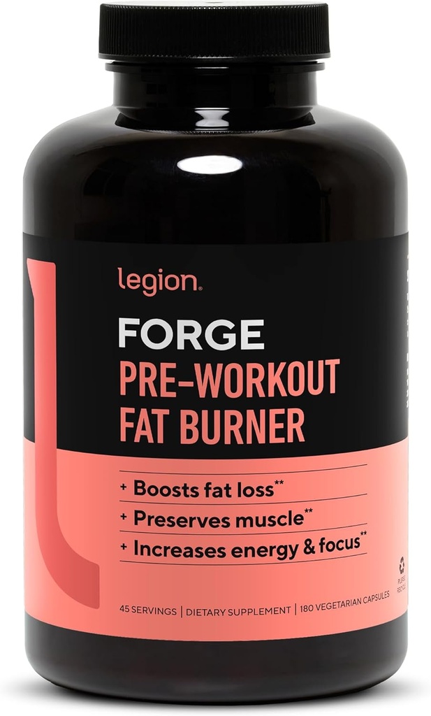 LEGION Forge Fasted Fat Burner - Termogene Fat Burner, Target Mave Fat og Trim Belly Fat med Yohimbe, HMB Supplement, Cholin. Alle Natural, 45 Servering...., 180 Greve (pakke med 1)