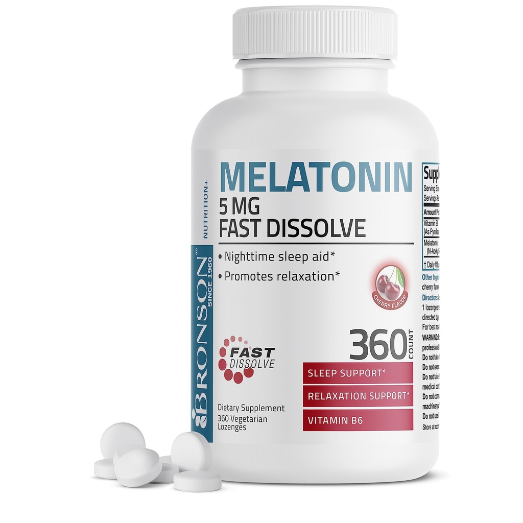 Bronson Melatonin 5mg hurtigt opløses Cherry Flavor tabletter med vitamin B6 - Nighttime Sleep Aid - fremmer afslapning, 360 Vegetarisk Chewable Lozenges