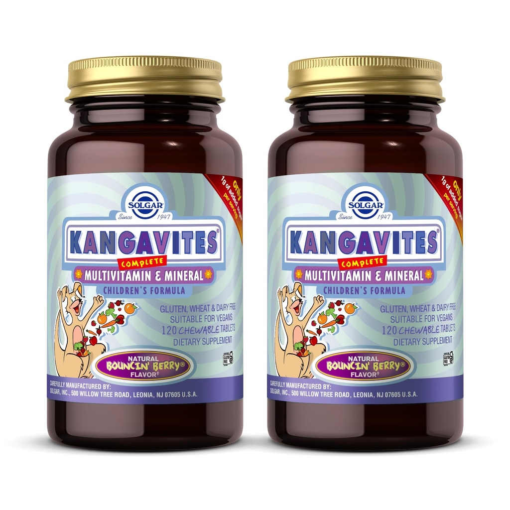 Solgar Kangavites, Bouncin 'Berry Flavor - 120 tyggetabletter, pakke med 2 - Komplet Multivitamin & Mineral Formel til børn - Vegan, Gluten Free
