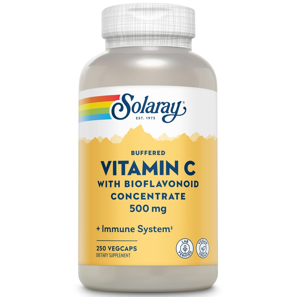 SOLARAY Buffered C-vitamin 500 mg - med Bioflavonoider, Rose HIPS og Acerola Cherry - Immunitet Support - Nem til det største, Vegan, Lab Verified, 60-dages garanti - 250 Servere, 250 VegCaps