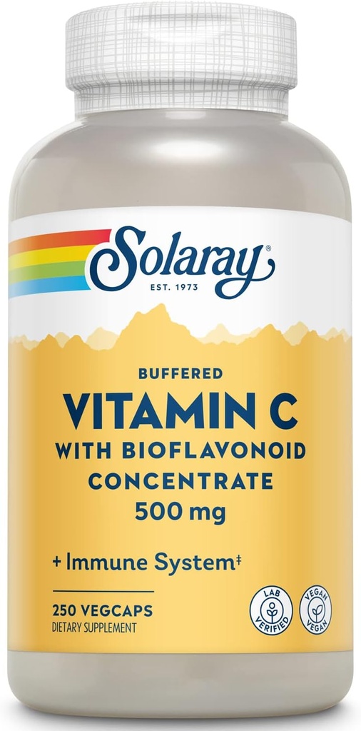 SOLARAY Buffered C-vitamin 500 mg - med Bioflavonoider, Rose HIPS og Acerola Cherry - Immunitet Support - Nem til det største, Vegan, Lab Verified, 60-dages garanti - 250 Servere, 250 VegCaps