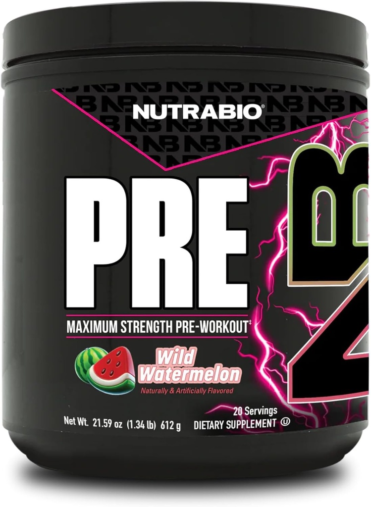 NutraBio Preworkout Powder, Watermelon Mea124; Eksplosiv energi, Laser Focus, ekstreme pumper Measures 124; Pre Workout for Mænd & Kvinder Measures 124; Performance, Endurance, Power Complex, Koffein, Electrolytes