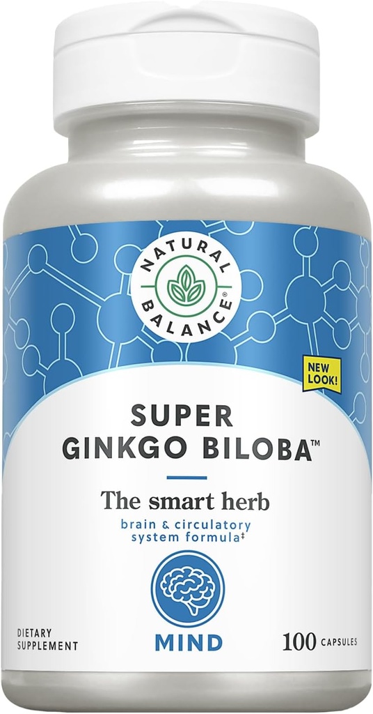 Natural Balance Super Ginkgo Biloba Plus Budding124; Hjerne & Cirkulations Formel til at hjælpe med at understøtte fokus, hukommelse og blodgennemstrømning 124; med Gotu Kola Budding124; 100ct, 50 Serv.
