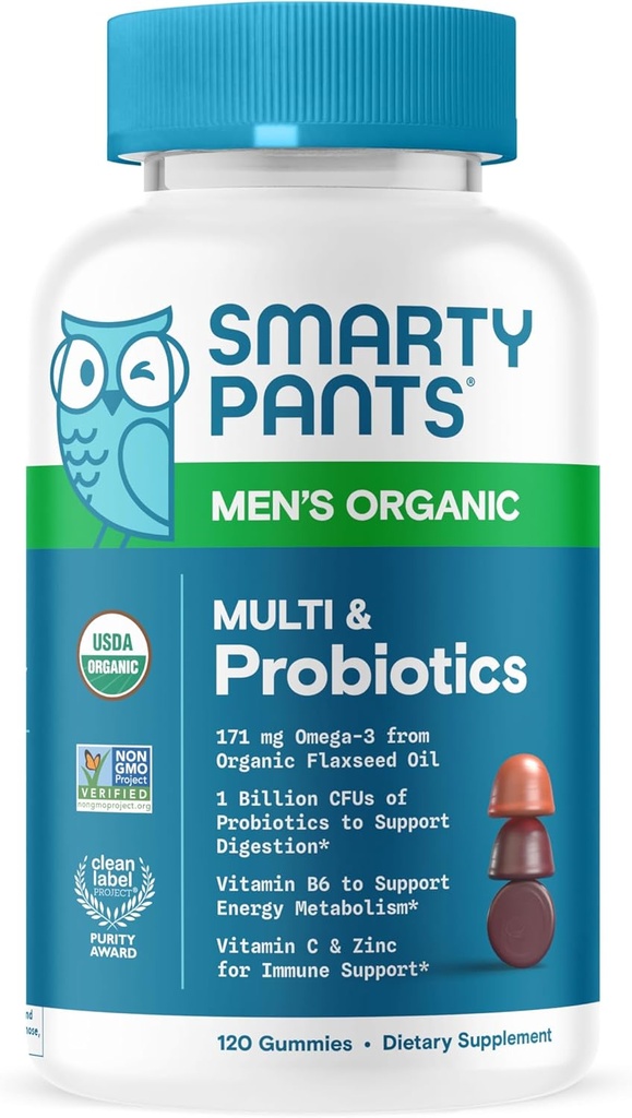 SmartyPants Multivitamin til mænd, Organic Gummies: Probiotika, CoQ10, Methylfolat, Omega 3 (ALA), Vitamin D3, C, vitamin B12, B6, A, K & Zink til immunforsvar, Biotin, 120 Gummies (30 dages forsyning)