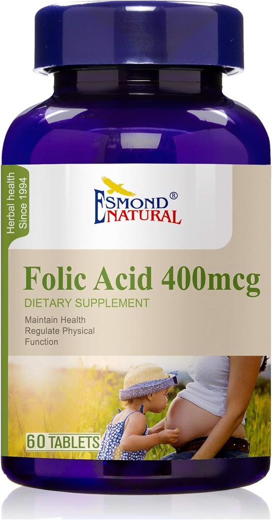 (3 Pack) Esmond Natural: Folinsyre 400mcg (Graviditet Support, Opretholde sundhedsmæssige funktioner), GMP, Natural Product Assn Certified, Made in USA - 400mcg, 180 tabletter